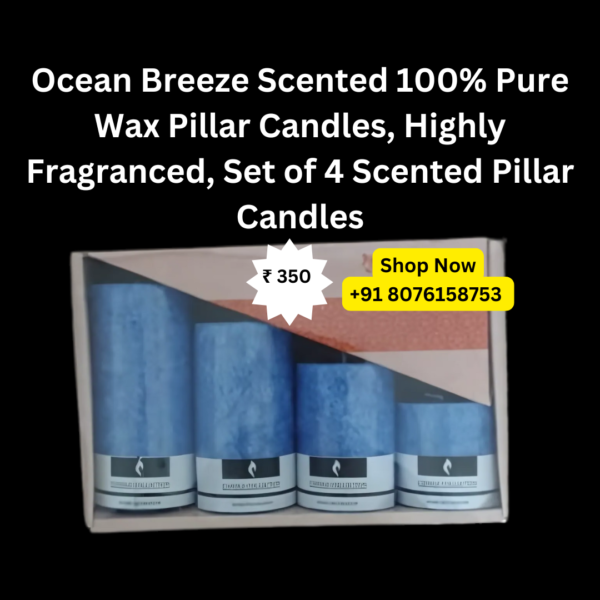 Ocean Breeze Scented 100% Pure Wax Pillar Candles, Highly Fragranced, Set of 4 Scented Pillar Candles - Packed by ShimmerMix